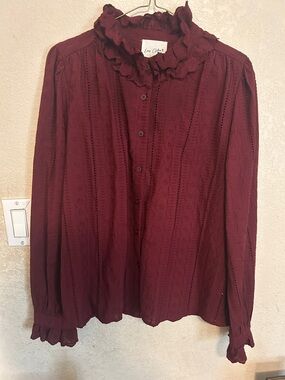 Eve Claire Burgundy Ruffled Eyelet Button-Front Blouse